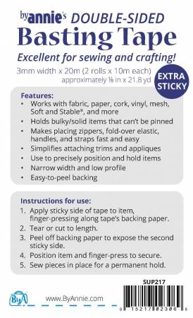 ByAnnie - Double Sided Basting Tape 1/8in x 21-4/5yds - Black Rabbit Fabric Inc.
