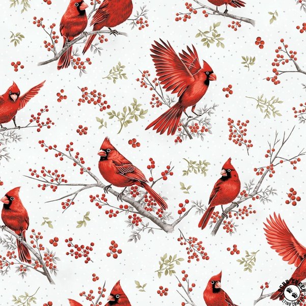 Hoffman Berries and Birch Tossed Cardinals - Ice/Silver - Black Rabbit Fabric Inc.