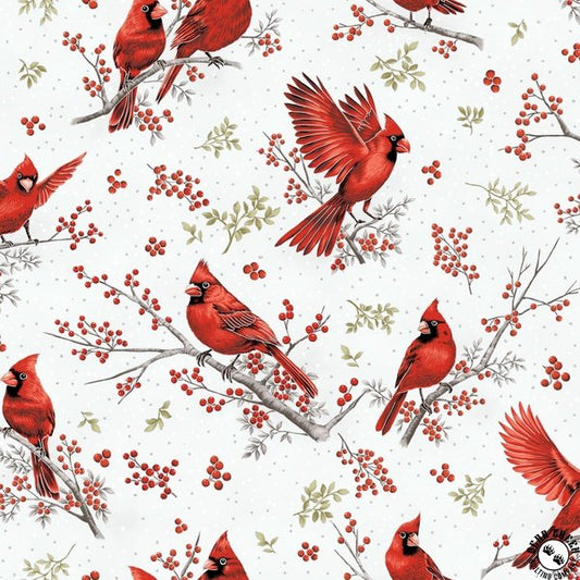 Hoffman Berries and Birch Tossed Cardinals - Ice/Silver - Black Rabbit Fabric Inc.